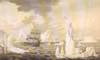 Dibujo de la corbeta Atrevida rodeada de témpanos de hielo navegando entre las islas Malvinas y Montevideo.