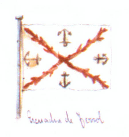 Dibujo a color de la bandera a enarbolar por los buques correspondientes al Departamento naval de Ferrol.