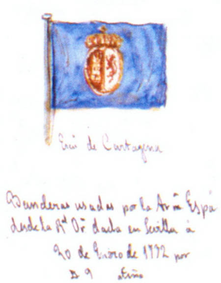 Dibujo a color de la bandera a enarbolar por los buques correspondientes al Departamento naval de Cartagena.