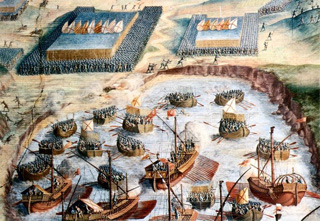 Pintura. Fresco del palacio del Viso de Marques, en el que se representa la entrada de la escuadra española en el puerto de Angra. Cortesía del Museo Naval de Madrid.