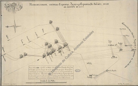  Representación gráfica en lápiz o carboncillo de los movimientos de las naves durante el combate.