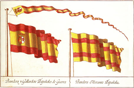 Banderas elegidas por el Rey don Carlos III, para su Armada y marina mercante y gallardete para ambas.