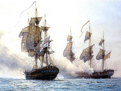 Óleo representando el combate entre las fragatas Mahonesa y Terpsichore.