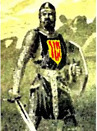  Dibujo en blanco y negro representando a un soldado medieval con espada y escudo, embarcado en una nave con el escudo de Aragón a color en su pecho.