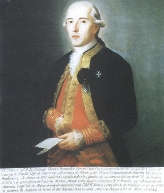  Retrato al óleo de don Antonio Valdés y Fernández Bazán. IV Capitán General de la Real Armada. Caballero de la Real Orden del Toisón de Oro. Caballero de la Soberana y Militar Orden Hospitalaria de San Juan de Jerusalén de Rodas y de Malta. En la que alcanzó los grados de Baylío, Gran Cruz y Comendador de Paradinas. Lugar-Teniente de Gran Prior y Presidente de su Sacra Asamblea en la misma Orden. Secretario de Estado y del Despacho Universal de Marina. Secretario de Estado y Despacho Universal de Indias. Consejero de Estado. Gentil Hombre de Cámara de S. M. don Carlos IV con ejercicio.