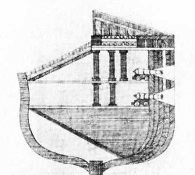 Dibujo interpretación corte por el centro de una batería flotante de dos puentes.