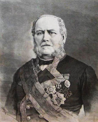 Grabado de don Manuel de la Pezuela y Lobo-Cabrilla. Vicealmirante de la Real Armada Española. Caballero Cruz de la Real y Militar Orden de San Fernando de 1ª clase. Caballero profeso del hábito de la Real y Militar Orden de Calatrava. Ministro de Marina. Senador Vitalicio del Reino.