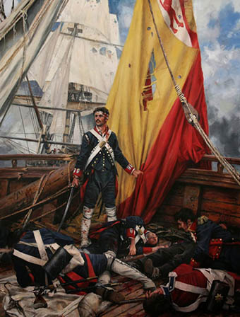 Óleo de don Martín Álvarez Galán. Cabo primera de Infantería de Marina. Representando el heroico instante de la defensa de la bandera de España a bordo del navío San Nicolás de Bari el 14 de febrero de 1797.