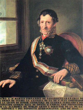 Retrato al oleo de don Martín Fernández de Navarrete y Jiménez de Tejada. Capitán de navío de la Real Armada Española. Caballero Justicia de la Soberana y Militar Orden Hospitalaria de San Juan de Jerusalén de Rodas y de Malta. Gran Cruz de la Real Orden Americana de Isabel la Católica. Vocal nato de la Junta de Almirantazgo. Prócer del Reino. Senador del Reino. Director del Deposito Hidrográfico. Escritor. Matemático y Geógrafo.