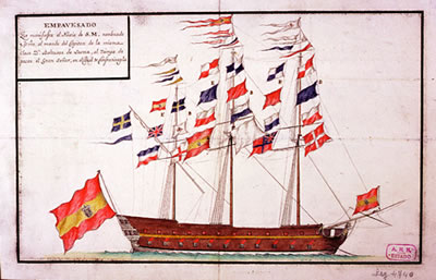  Dibujo represetnando al navío Miño engalanado en su visita a Constantinopla en 1787.