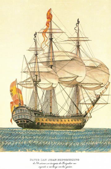  Navío de 74 cañones San Juan Nepomuceno, pintado por don Alejo Berlinguero. Cortesía del Museo Naval de Madrid.