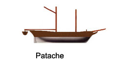 Dibujo de un patache, igual que un  bergantín pero más pequeño y de líneas más finas, con el mismo aparejo de un bergantín con dos palos, en el de más a proa llevaban velas cuadras -como las fragatas- el segundo más a popa era una cangreja, vela de forma trapezoidal, inclinada en la parte superior, más alta hacía proa, que se anuda a éste palo, así como al árbol o palo normal y por bajo a otro palo llamado botavara, de forma que se podía orientar y navegar casi cara al mismo viento, era el encargado de hacer de correo con las órdenes entre los mismos buques de una escuadra, dada su gran velocidad y poder por ella pasar la línea de las escuadras o flotas con mayor rapidez dando las órdenes recibidas del mando, siendo su armamento de pequeños cañones y poco peso de proyectil, al mismo tiempo por su poco calado era el encargado de reconocer las costas y en tiempos de paz como guarda de los puertos.