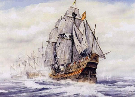  Pintura del galeón agalerado San Mateo. Al parecer le sobra la verga de juanete, pues los galeones sólo portaban dos y no tres.