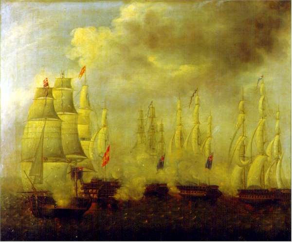  Óleo representando al navío San Francisco de Asís contra 3 fragatas y una corbeta británicas. Anónimo.