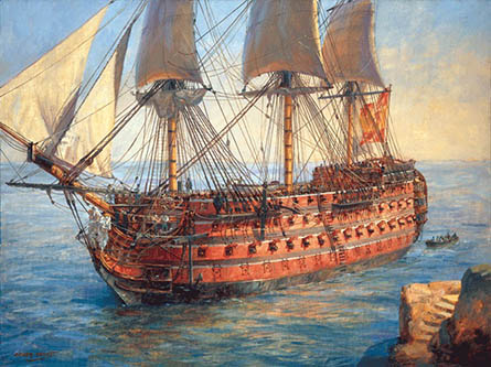 Cuadro del buque pintado por Geoff Hunt. Montando más de 140 cañones con los colores supuestamente utilizados en el combate de Trafalgar.