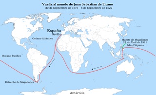  Mapa mundi con el derrotero de la primera vuelta al planeta.