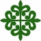  Representación de la Cruz de Alcántara, una cruz griega con los brazos terminados en forma de flor de lis, de color verde.