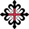  Cruz de la Orden Montesa, una cruz griega con los brazos terminados en forma de flor de lis de color negro, salvo donde se cruzan los brazos que es de color rojo.