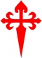  Representación de la Cruz de Santiago, una cruz latina de color rojo apuntada simulando una espada, con forma de flor de lis en la empuñadura y los brazos.
