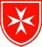  Representación de un escudo rojo con la cruz de Malta en blanco en el centro; cruz de ocho puntas al terminar cada brazo en forma de la letra uve mayúscula unidas las cuatro por sus vértices.